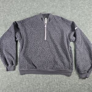 FABLETICS Forever Fleece Sweatshirt Women Black Gray Quarter Zip Leopard Medium